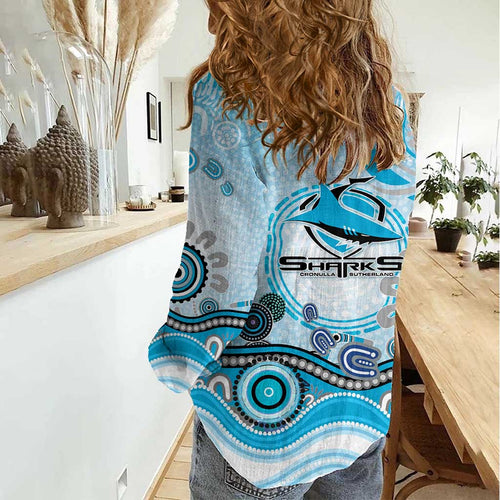 Cronulla Sutherland Sharks Rugby Women Casual Shirt Australian Aboriginal Dot Painting Style