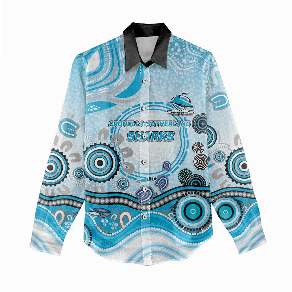 Cronulla Sutherland Sharks Rugby Women Casual Shirt Australian Aboriginal Dot Painting Style