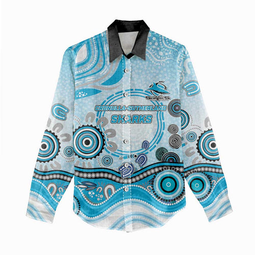 Cronulla Sutherland Sharks Rugby Women Casual Shirt Australian Aboriginal Dot Painting Style