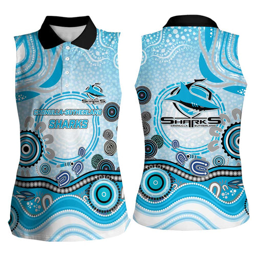 Cronulla Sutherland Sharks Rugby Women Sleeveless Polo Shirt Australian Aboriginal Dot Painting Style