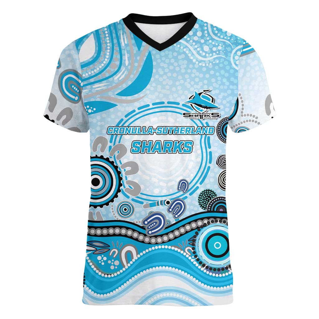 Cronulla Sutherland Sharks Rugby Women V-Neck T-Shirt Australian Aboriginal Dot Painting Style