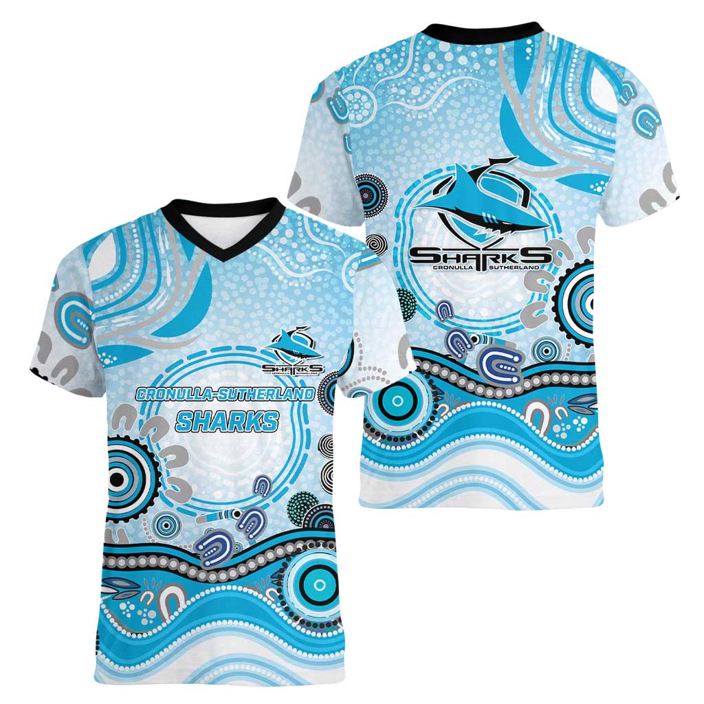 Cronulla Sutherland Sharks Rugby Women V-Neck T-Shirt Australian Aboriginal Dot Painting Style