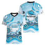 Cronulla Sutherland Sharks Rugby Women V-Neck T-Shirt Australian Aboriginal Dot Painting Style