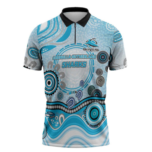 Cronulla Sutherland Sharks Rugby Zipper Polo Shirt Australian Aboriginal Dot Painting Style
