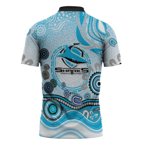 Cronulla Sutherland Sharks Rugby Zipper Polo Shirt Australian Aboriginal Dot Painting Style