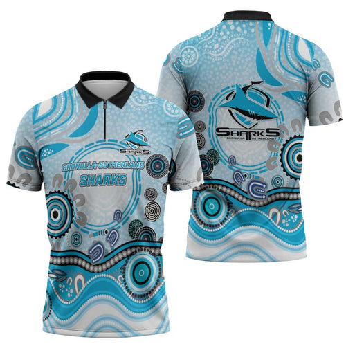 Cronulla Sutherland Sharks Rugby Zipper Polo Shirt Australian Aboriginal Dot Painting Style