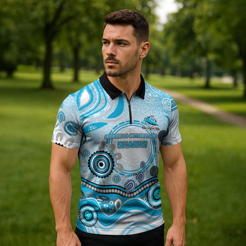Cronulla Sutherland Sharks Rugby Zipper Polo Shirt Australian Aboriginal Dot Painting Style