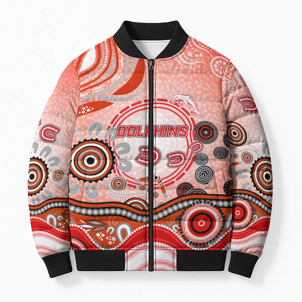 Dolphins Rugby Bomber Puffer Jacket Australian Aboriginal Dot Painting Style