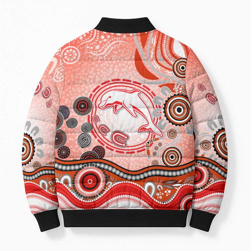 Dolphins Rugby Bomber Puffer Jacket Australian Aboriginal Dot Painting Style