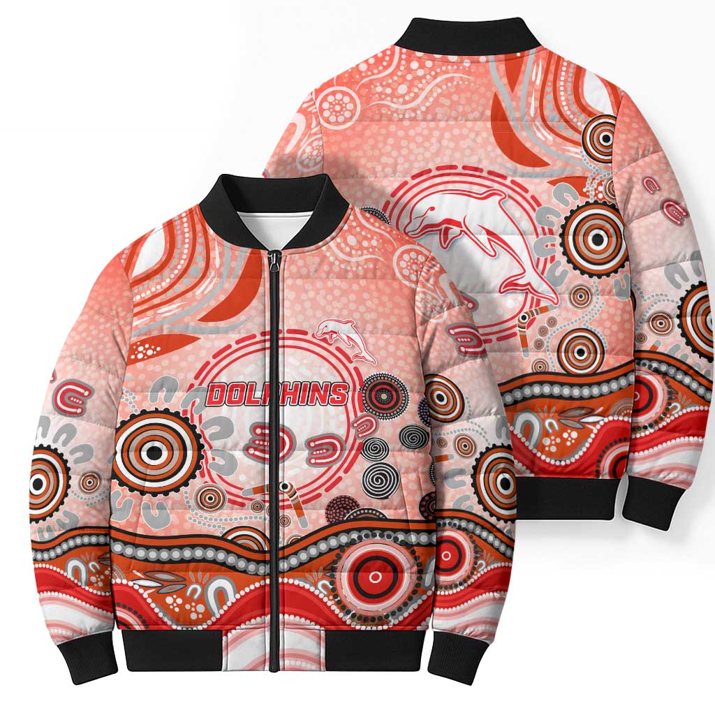 Dolphins Rugby Bomber Puffer Jacket Australian Aboriginal Dot Painting Style