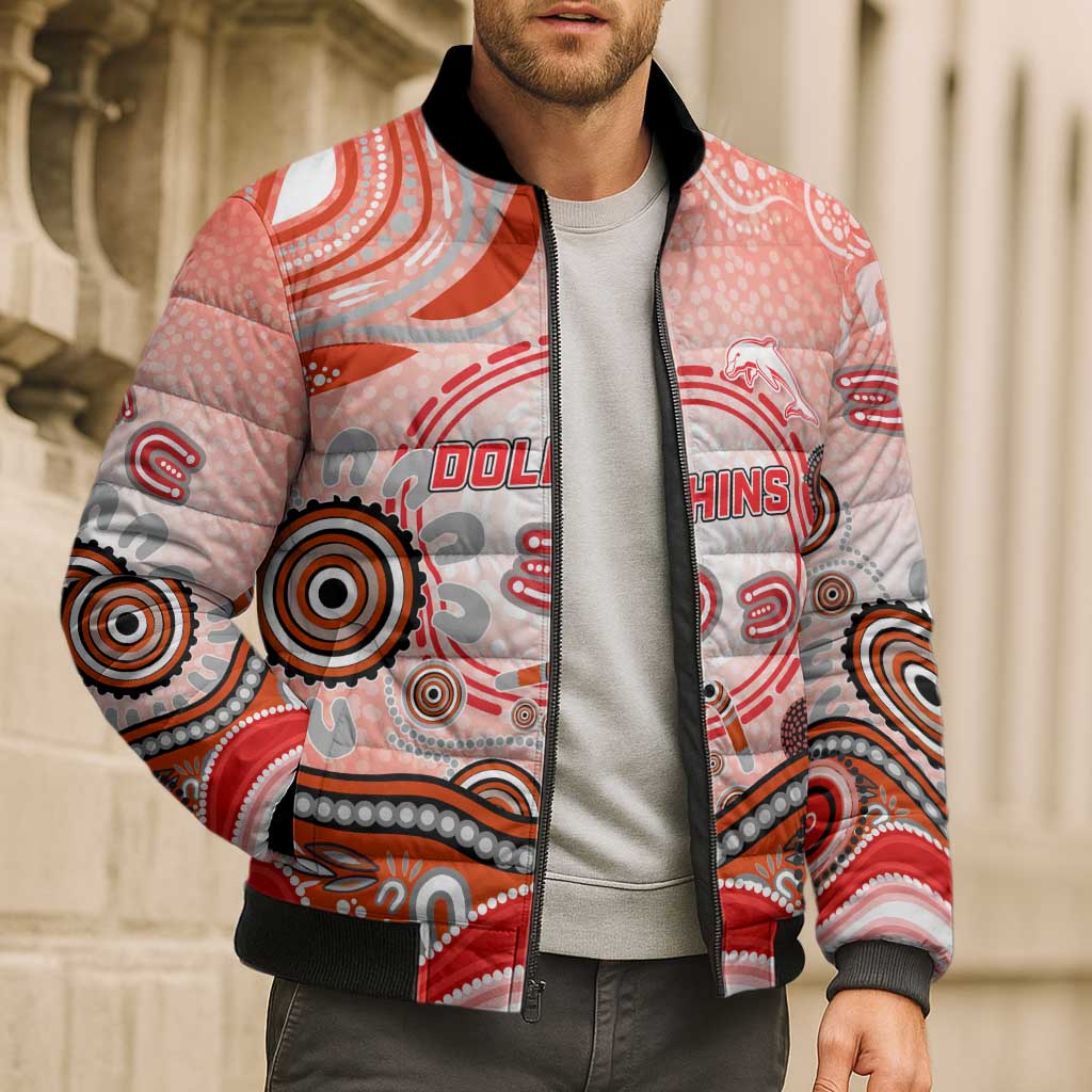 Dolphins Rugby Bomber Puffer Jacket Australian Aboriginal Dot Painting Style