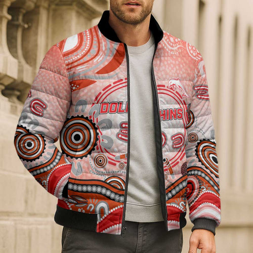 Dolphins Rugby Bomber Puffer Jacket Australian Aboriginal Dot Painting Style