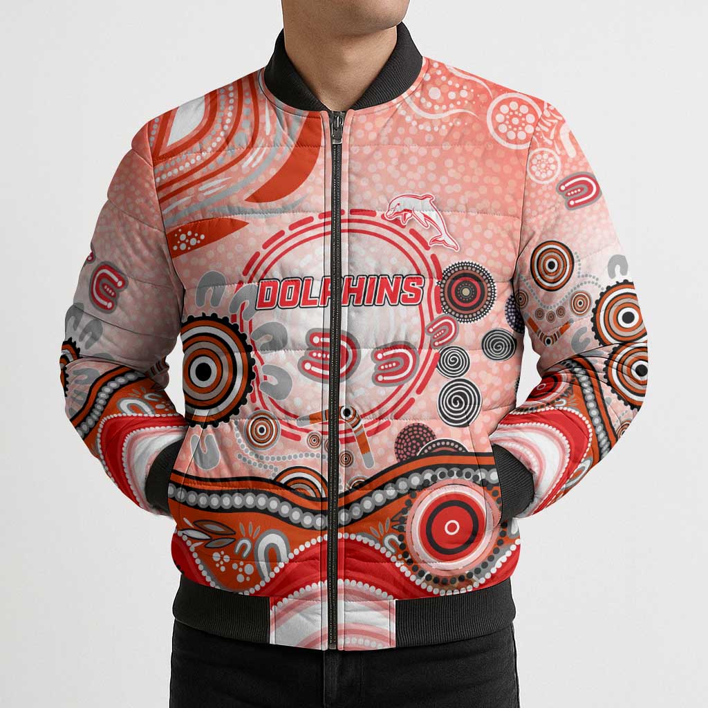 Dolphins Rugby Bomber Puffer Jacket Australian Aboriginal Dot Painting Style