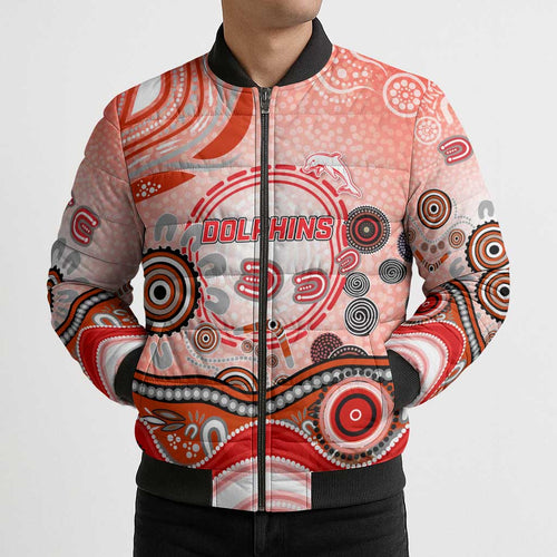Dolphins Rugby Bomber Puffer Jacket Australian Aboriginal Dot Painting Style