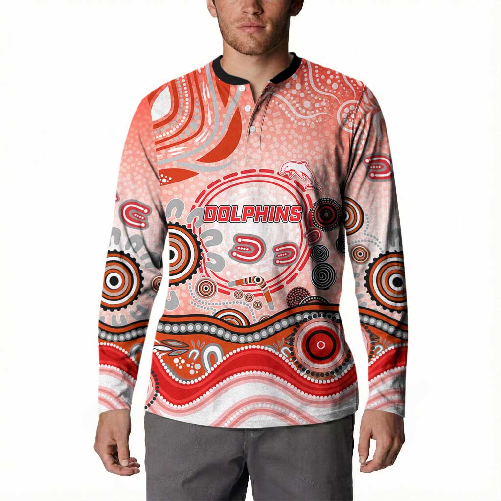 Dolphins Rugby Button Sweatshirt Australian Aboriginal Dot Painting Style