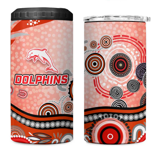 Dolphins Rugby 4 in 1 Can Cooler Tumbler Australian Aboriginal Dot Painting Style