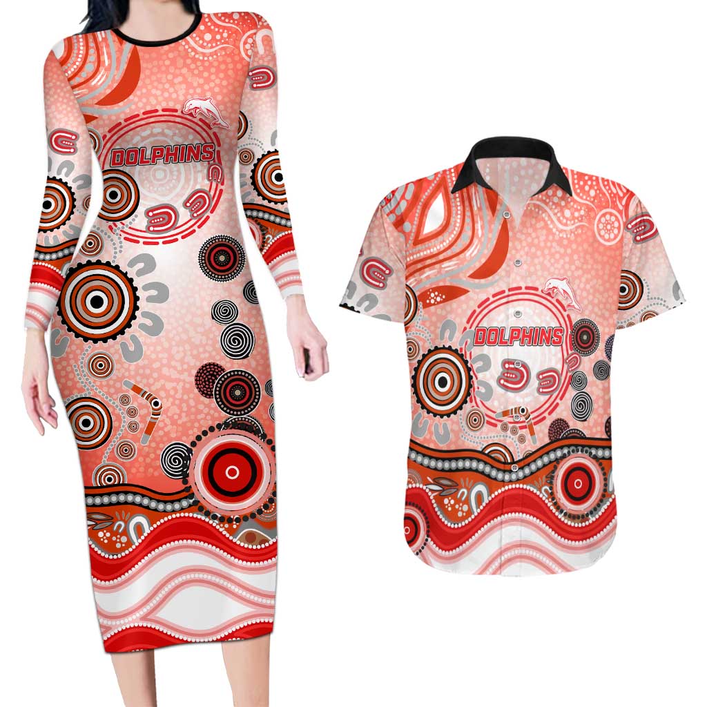 Dolphins Rugby Couples Matching Long Sleeve Bodycon Dress and Hawaiian Shirt Australian Aboriginal Dot Painting Style