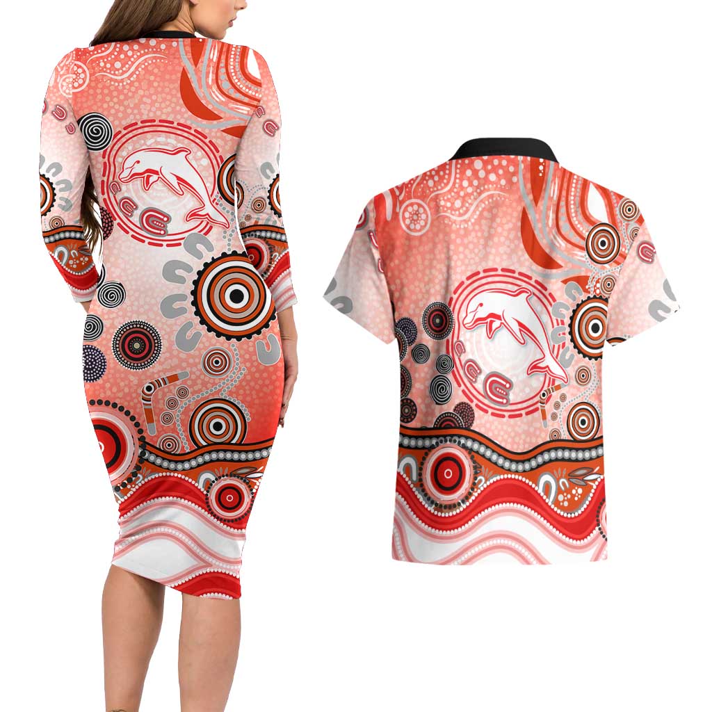 Dolphins Rugby Couples Matching Long Sleeve Bodycon Dress and Hawaiian Shirt Australian Aboriginal Dot Painting Style