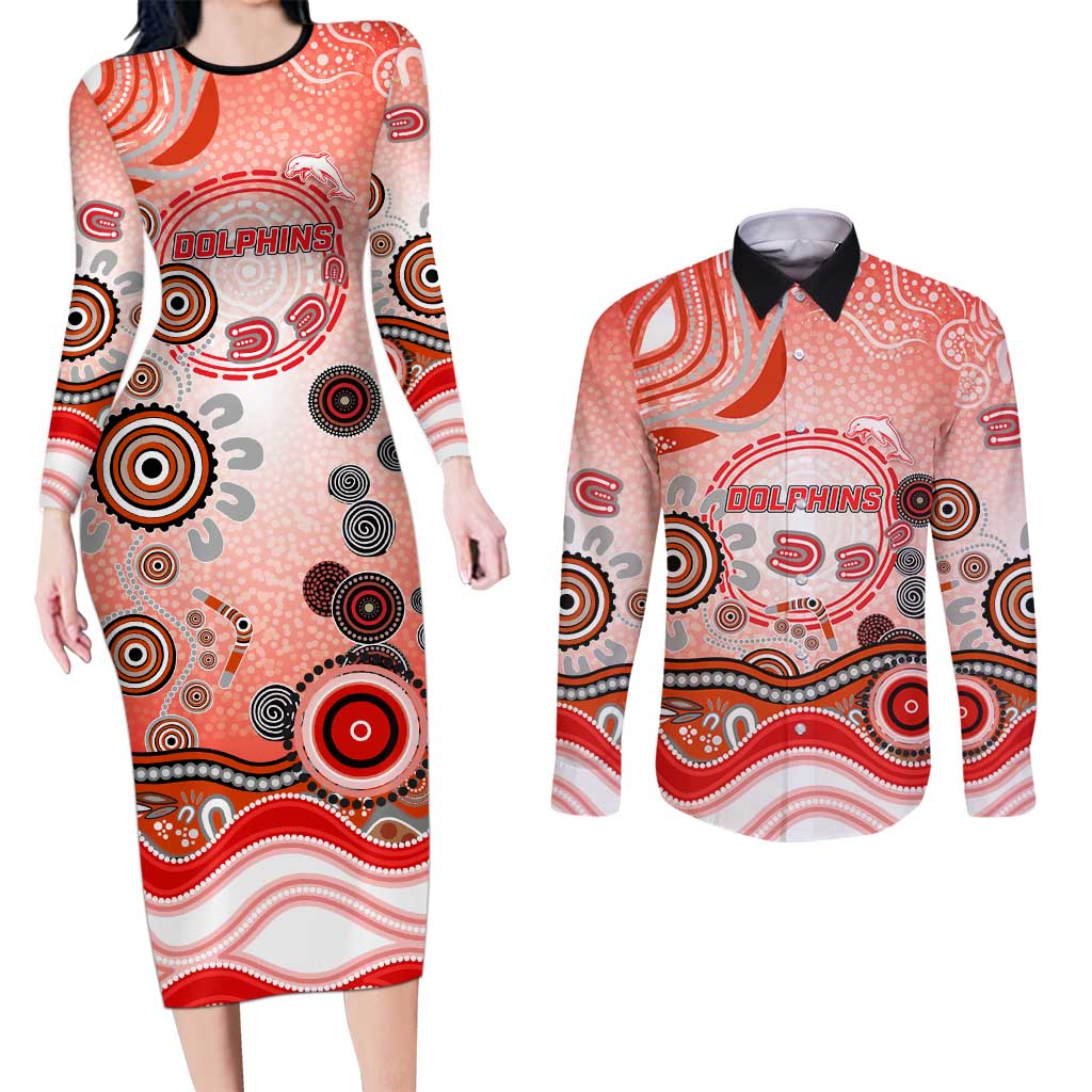 Dolphins Rugby Couples Matching Long Sleeve Bodycon Dress and Long Sleeve Button Shirt Australian Aboriginal Dot Painting Style