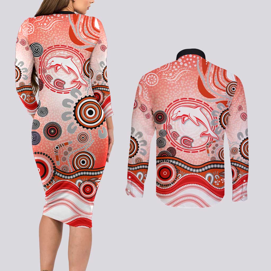 Dolphins Rugby Couples Matching Long Sleeve Bodycon Dress and Long Sleeve Button Shirt Australian Aboriginal Dot Painting Style