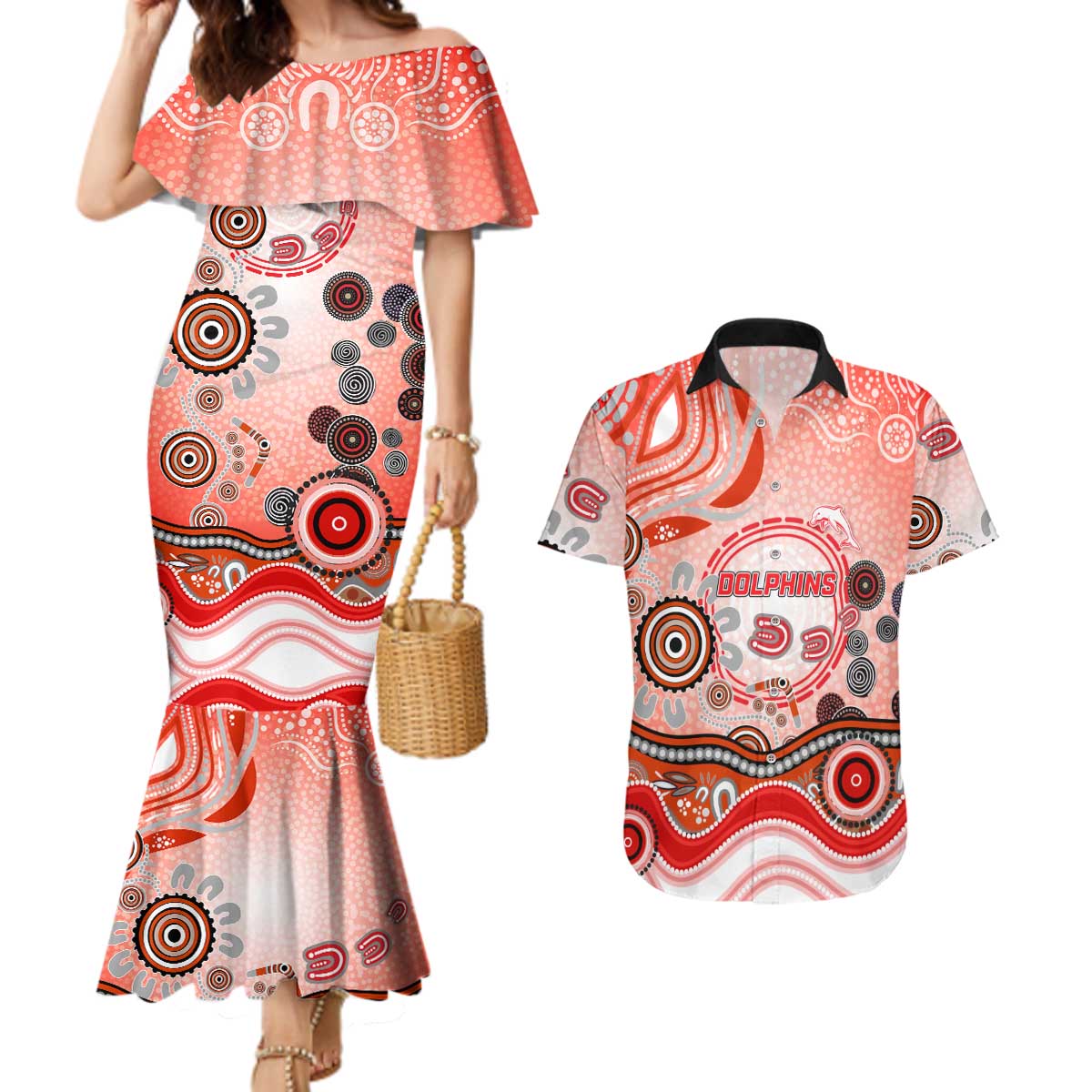 Dolphins Rugby Couples Matching Mermaid Dress and Hawaiian Shirt Australian Aboriginal Dot Painting Style