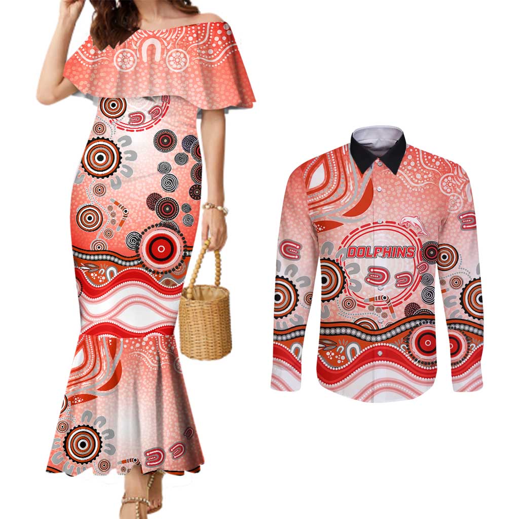 Dolphins Rugby Couples Matching Mermaid Dress and Long Sleeve Button Shirt Australian Aboriginal Dot Painting Style