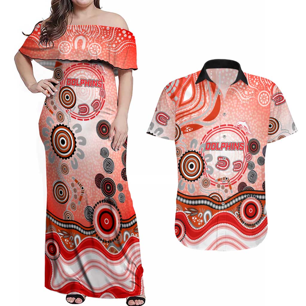 Dolphins Rugby Couples Matching Off Shoulder Maxi Dress and Hawaiian Shirt Australian Aboriginal Dot Painting Style
