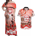 Dolphins Rugby Couples Matching Off Shoulder Maxi Dress and Hawaiian Shirt Australian Aboriginal Dot Painting Style