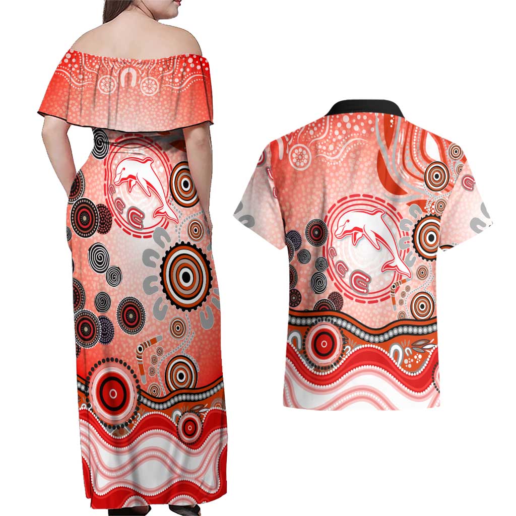 Dolphins Rugby Couples Matching Off Shoulder Maxi Dress and Hawaiian Shirt Australian Aboriginal Dot Painting Style
