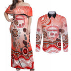 Dolphins Rugby Couples Matching Off Shoulder Maxi Dress and Long Sleeve Button Shirt Australian Aboriginal Dot Painting Style