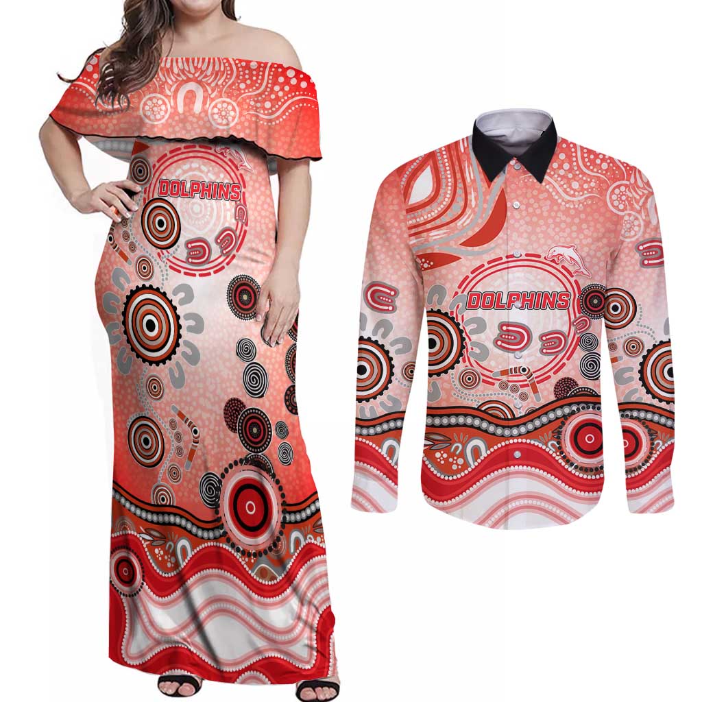 Dolphins Rugby Couples Matching Off Shoulder Maxi Dress and Long Sleeve Button Shirt Australian Aboriginal Dot Painting Style
