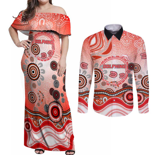 Dolphins Rugby Couples Matching Off Shoulder Maxi Dress and Long Sleeve Button Shirt Australian Aboriginal Dot Painting Style