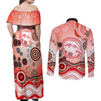 Dolphins Rugby Couples Matching Off Shoulder Maxi Dress and Long Sleeve Button Shirt Australian Aboriginal Dot Painting Style