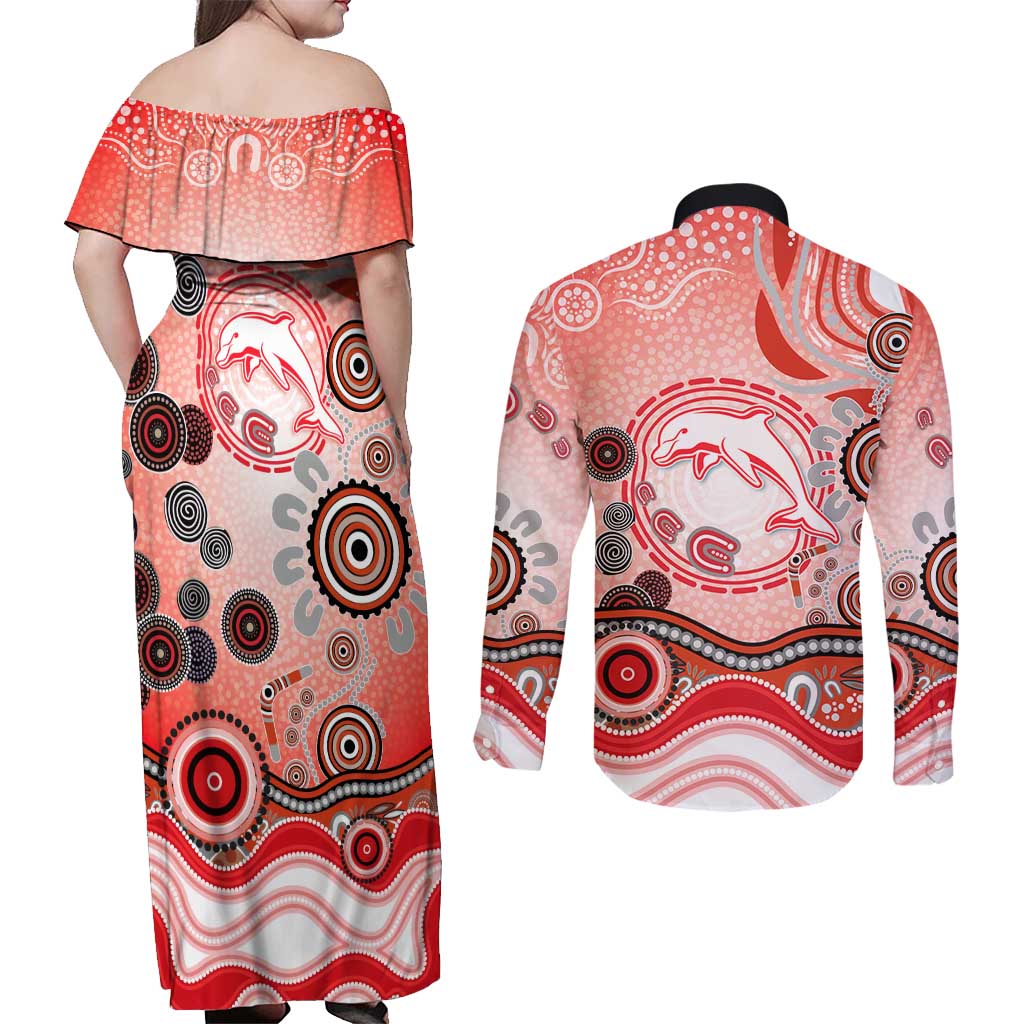 Dolphins Rugby Couples Matching Off Shoulder Maxi Dress and Long Sleeve Button Shirt Australian Aboriginal Dot Painting Style
