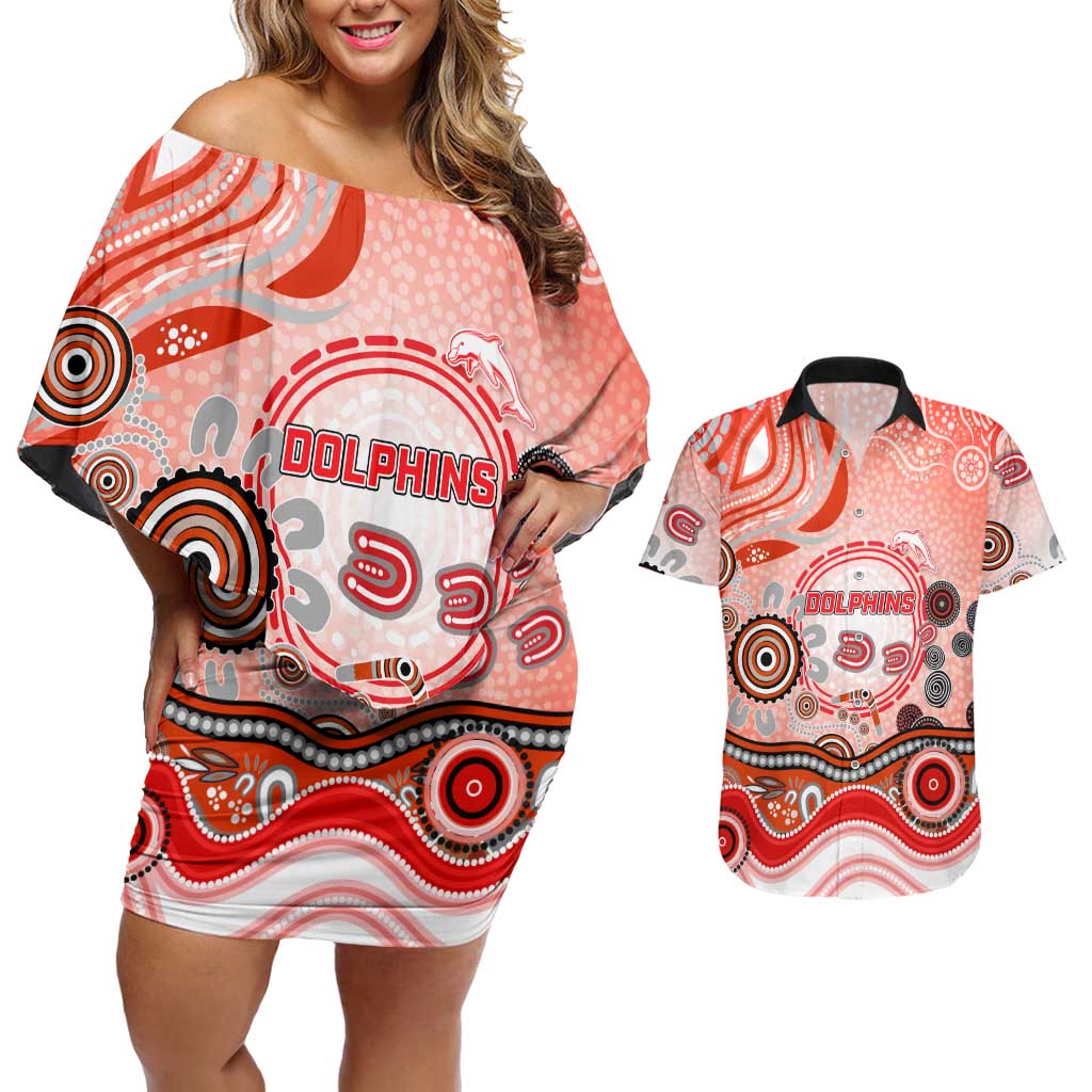 Dolphins Rugby Couples Matching Off Shoulder Short Dress and Hawaiian Shirt Australian Aboriginal Dot Painting Style