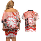 Dolphins Rugby Couples Matching Off Shoulder Short Dress and Hawaiian Shirt Australian Aboriginal Dot Painting Style