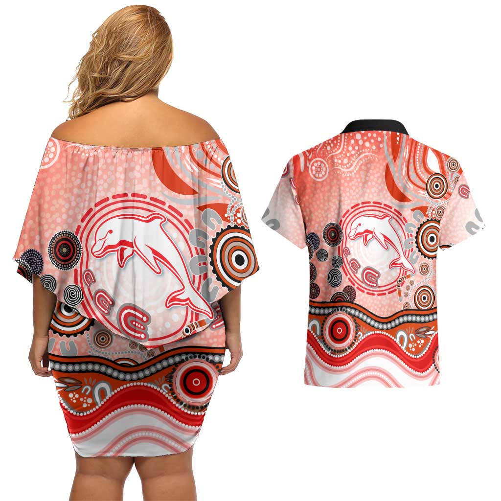 Dolphins Rugby Couples Matching Off Shoulder Short Dress and Hawaiian Shirt Australian Aboriginal Dot Painting Style