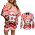 Dolphins Rugby Couples Matching Off Shoulder Short Dress and Long Sleeve Button Shirt Australian Aboriginal Dot Painting Style