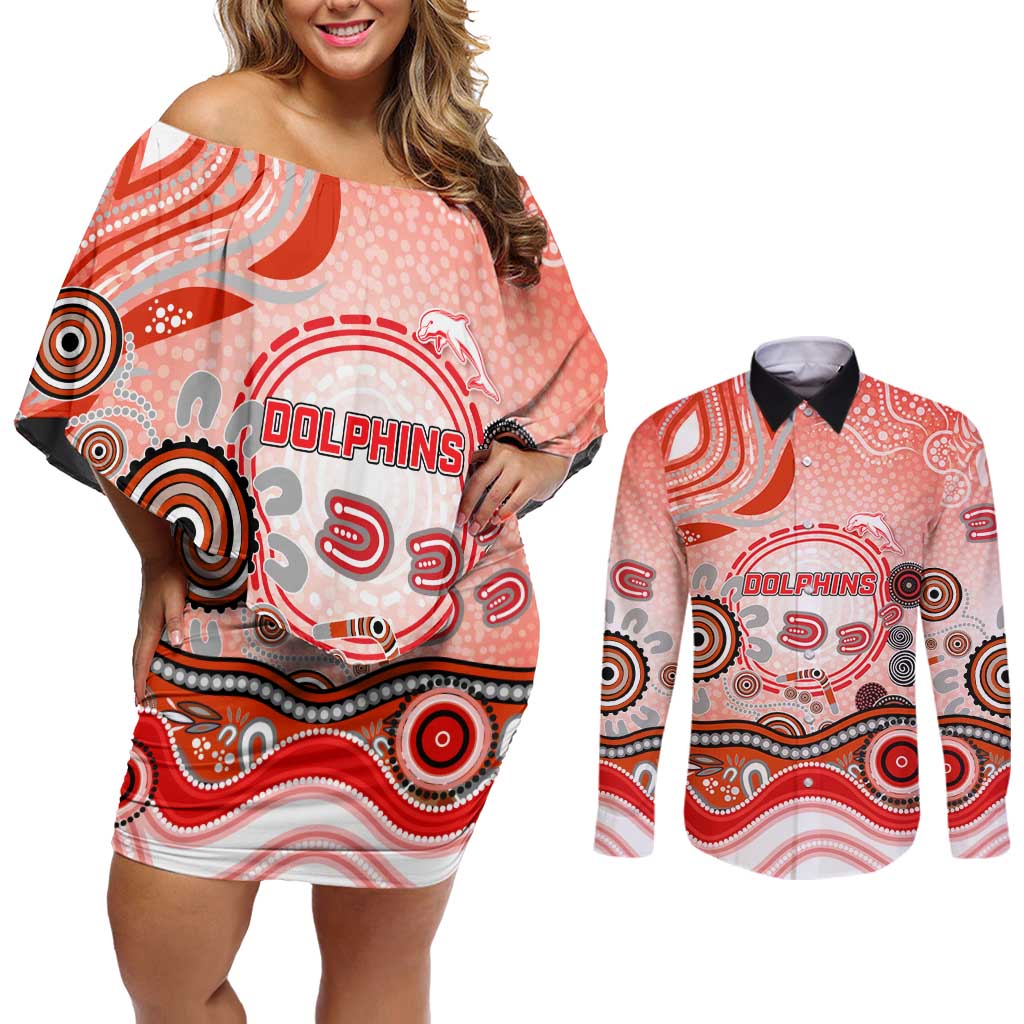 Dolphins Rugby Couples Matching Off Shoulder Short Dress and Long Sleeve Button Shirt Australian Aboriginal Dot Painting Style