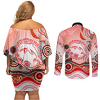 Dolphins Rugby Couples Matching Off Shoulder Short Dress and Long Sleeve Button Shirt Australian Aboriginal Dot Painting Style