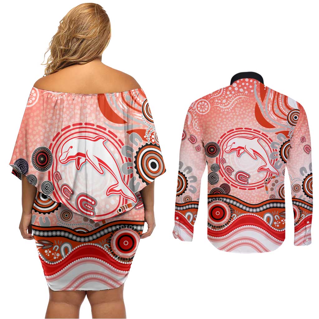 Dolphins Rugby Couples Matching Off Shoulder Short Dress and Long Sleeve Button Shirt Australian Aboriginal Dot Painting Style
