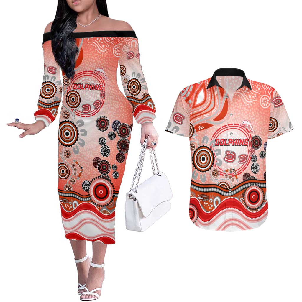 Dolphins Rugby Couples Matching Off The Shoulder Long Sleeve Dress and Hawaiian Shirt Australian Aboriginal Dot Painting Style