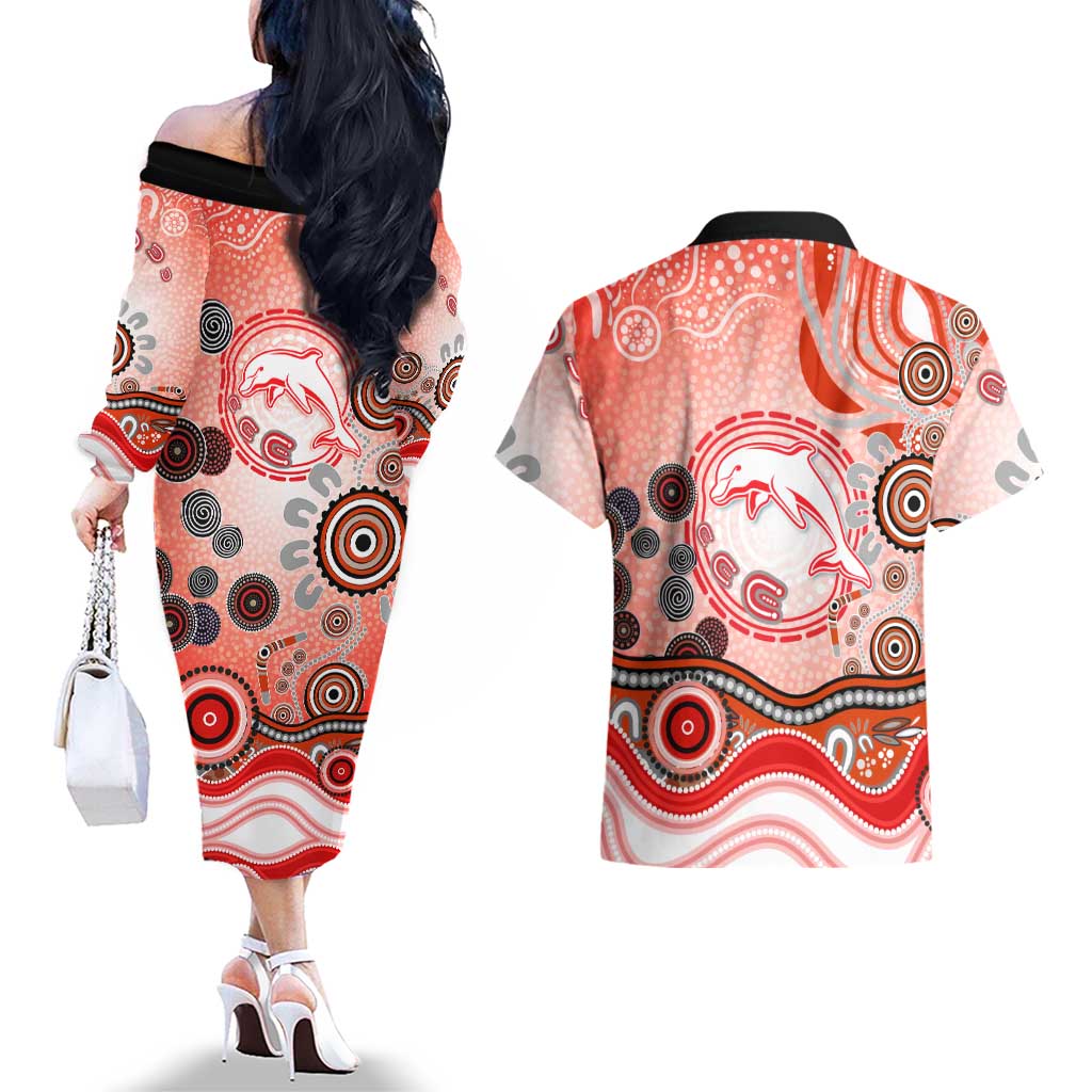 Dolphins Rugby Couples Matching Off The Shoulder Long Sleeve Dress and Hawaiian Shirt Australian Aboriginal Dot Painting Style
