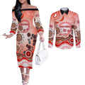 Dolphins Rugby Couples Matching Off The Shoulder Long Sleeve Dress and Long Sleeve Button Shirt Australian Aboriginal Dot Painting Style