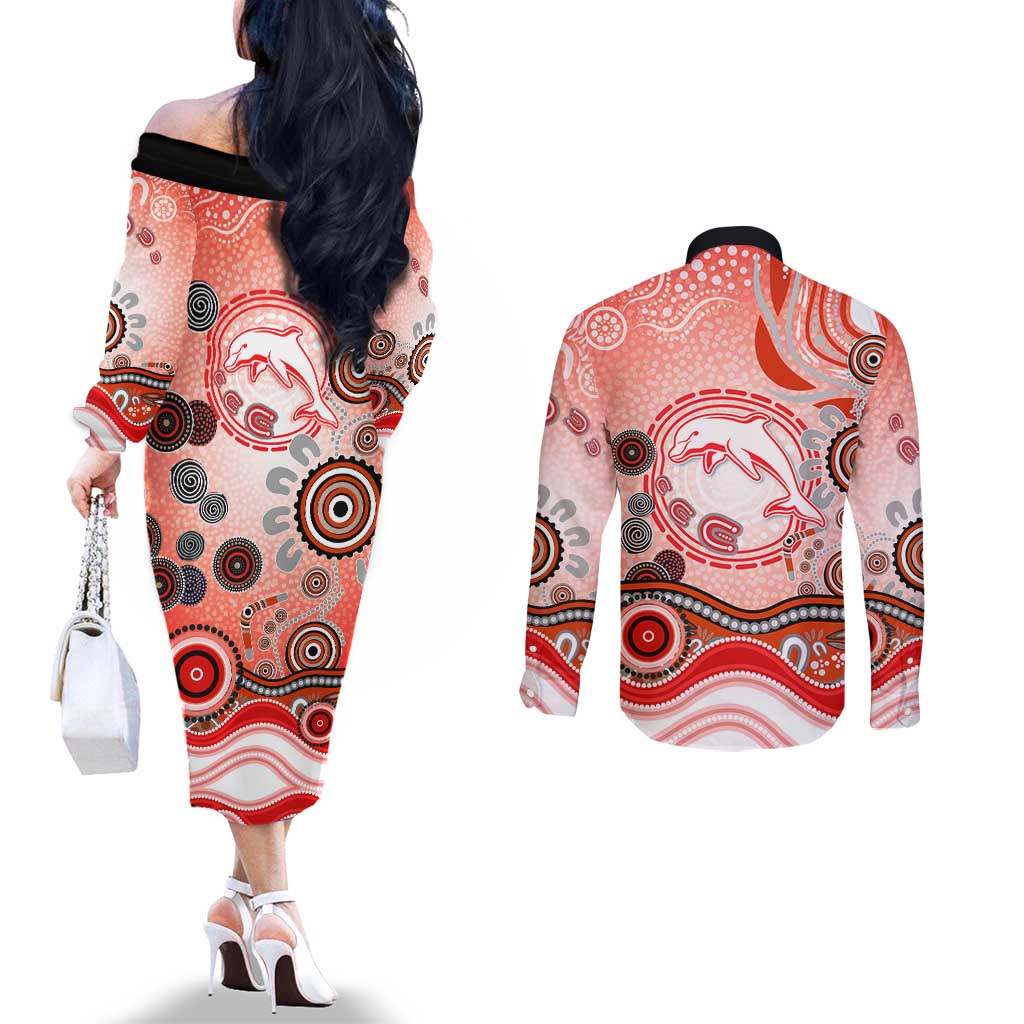 Dolphins Rugby Couples Matching Off The Shoulder Long Sleeve Dress and Long Sleeve Button Shirt Australian Aboriginal Dot Painting Style