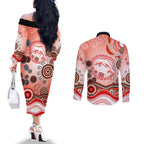 Dolphins Rugby Couples Matching Off The Shoulder Long Sleeve Dress and Long Sleeve Button Shirt Australian Aboriginal Dot Painting Style