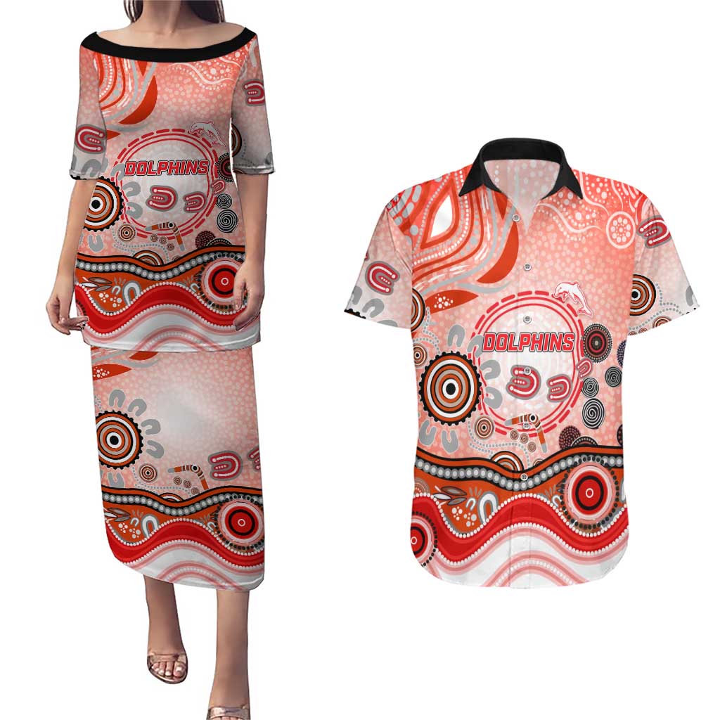 Dolphins Rugby Couples Matching Puletasi and Hawaiian Shirt Australian Aboriginal Dot Painting Style