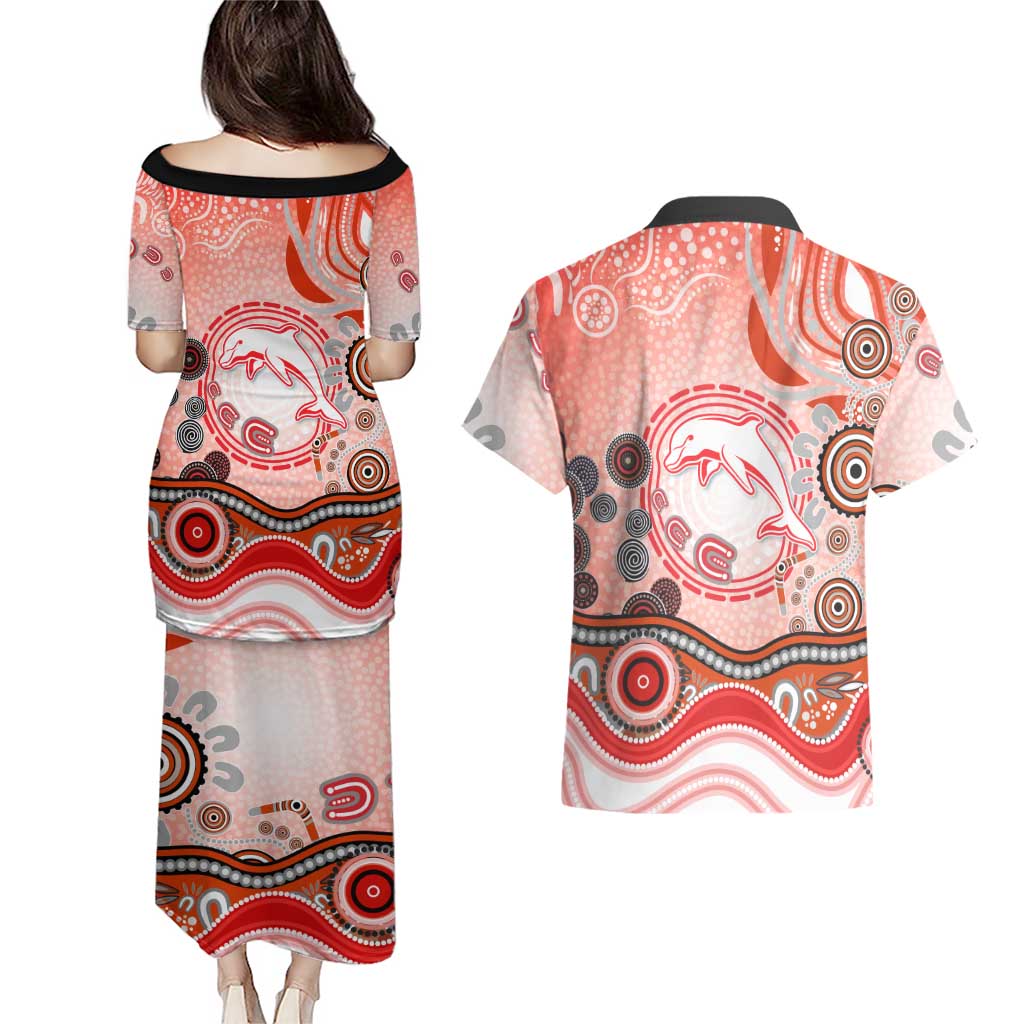 Dolphins Rugby Couples Matching Puletasi and Hawaiian Shirt Australian Aboriginal Dot Painting Style