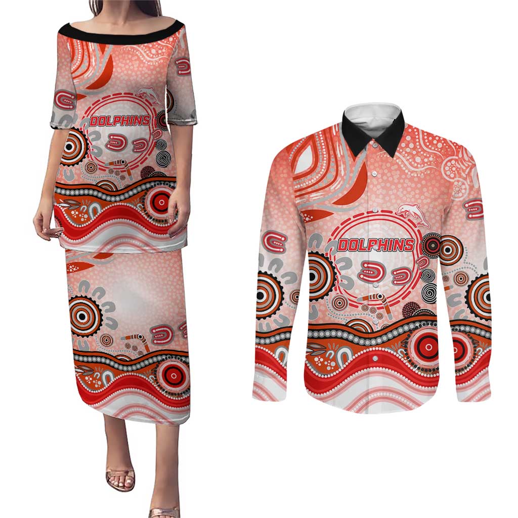 Dolphins Rugby Couples Matching Puletasi and Long Sleeve Button Shirt Australian Aboriginal Dot Painting Style
