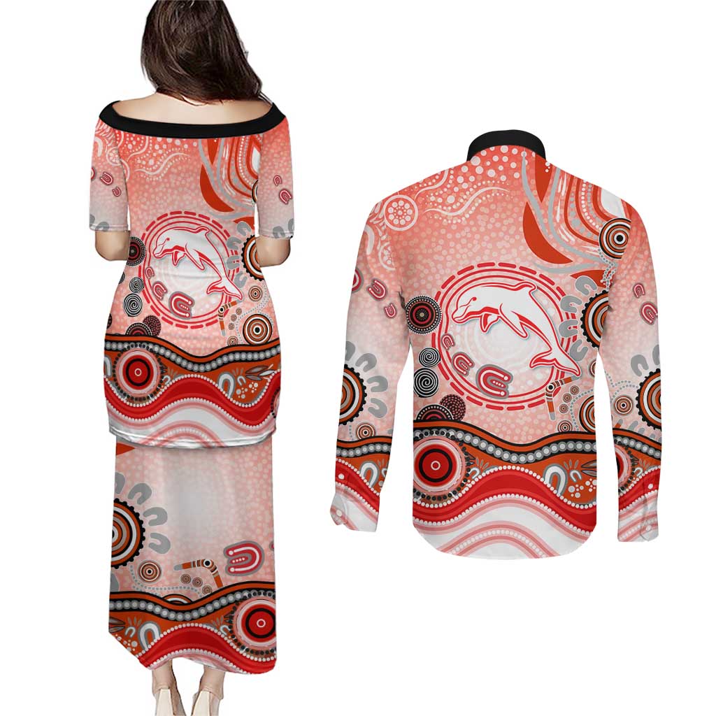 Dolphins Rugby Couples Matching Puletasi and Long Sleeve Button Shirt Australian Aboriginal Dot Painting Style